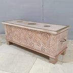 hand carved blanket box, antique wooden trunk, tribal carved box, natural finish trunk, brass inlay box, blanket trunk, linen chest, indian furniture, bedroom blanket box, living room trunk, entryway chest, storage bench, coffee table trunk, handmade blanket box, artisan made trunk, reclaimed wood chest, antique wood furniture, quality wood furniture, durable trunk, sturdy blanket box, timeless chest, elegant trunk, statement blanket box, heirloom chest, tribal style trunk, rustic blanket box, global style 