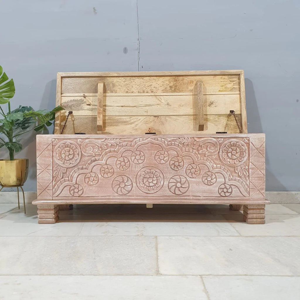 hand carved blanket box, antique wooden trunk, tribal carved box, natural finish trunk, brass inlay box, blanket trunk, linen chest, indian furniture, bedroom blanket box, living room trunk, entryway chest, storage bench, coffee table trunk, handmade blanket box, artisan made trunk, reclaimed wood chest, antique wood furniture, quality wood furniture, durable trunk, sturdy blanket box, timeless chest, elegant trunk, statement blanket box, heirloom chest, tribal style trunk, rustic blanket box, global style 