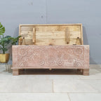 hand carved blanket box, antique wooden trunk, tribal carved box, natural finish trunk, brass inlay box, blanket trunk, linen chest, indian furniture, bedroom blanket box, living room trunk, entryway chest, storage bench, coffee table trunk, handmade blanket box, artisan made trunk, reclaimed wood chest, antique wood furniture, quality wood furniture, durable trunk, sturdy blanket box, timeless chest, elegant trunk, statement blanket box, heirloom chest, tribal style trunk, rustic blanket box, global style 