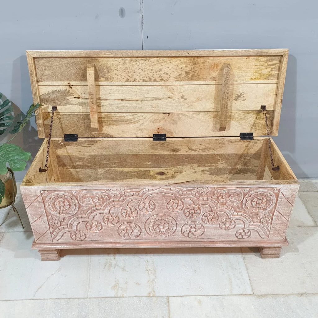 hand carved blanket box, antique wooden trunk, tribal carved box, natural finish trunk, brass inlay box, blanket trunk, linen chest, indian furniture, bedroom blanket box, living room trunk, entryway chest, storage bench, coffee table trunk, handmade blanket box, artisan made trunk, reclaimed wood chest, antique wood furniture, quality wood furniture, durable trunk, sturdy blanket box, timeless chest, elegant trunk, statement blanket box, heirloom chest, tribal style trunk, rustic blanket box, global style 