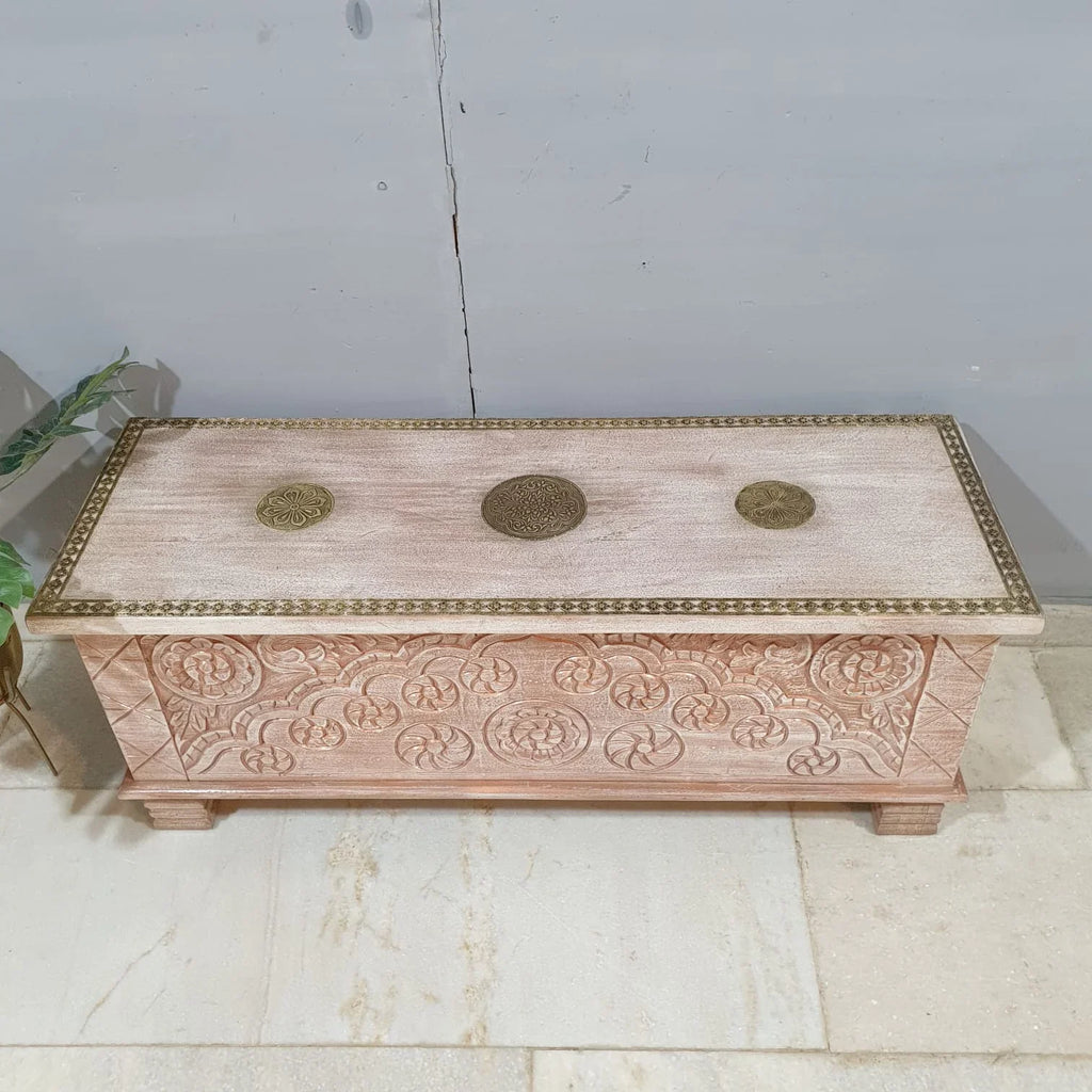 hand carved blanket box, antique wooden trunk, tribal carved box, natural finish trunk, brass inlay box, blanket trunk, linen chest, indian furniture, bedroom blanket box, living room trunk, entryway chest, storage bench, coffee table trunk, handmade blanket box, artisan made trunk, reclaimed wood chest, antique wood furniture, quality wood furniture, durable trunk, sturdy blanket box, timeless chest, elegant trunk, statement blanket box, heirloom chest, tribal style trunk, rustic blanket box, global style 