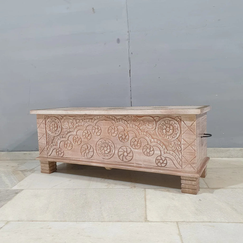 hand carved blanket box, antique wooden trunk, tribal carved box, natural finish trunk, brass inlay box, blanket trunk, linen chest, indian furniture, bedroom blanket box, living room trunk, entryway chest, storage bench, coffee table trunk, handmade blanket box, artisan made trunk, reclaimed wood chest, antique wood furniture, quality wood furniture, durable trunk, sturdy blanket box, timeless chest, elegant trunk, statement blanket box, heirloom chest, tribal style trunk, rustic blanket box, global style 
