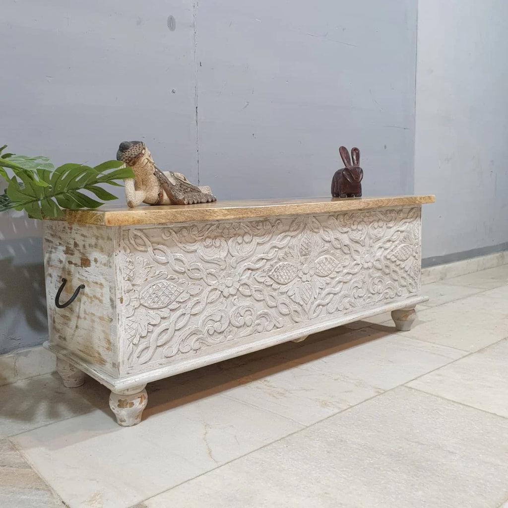 hand carved blanket box, antique wooden trunk, whitewashed blanket box, storage chest, tribal carved box, blanket trunk, linen chest, indian furniture, bedroom blanket box, living room trunk, entryway chest, storage bench, coffee table trunk, handmade blanket box, artisan made trunk, reclaimed wood chest, antique wood furniture, quality wood furniture, durable trunk, sturdy blanket box, timeless chest, elegant trunk, statement blanket box, heirloom chest, coastal trunk, shabby chic blanket box, farmhouse ch