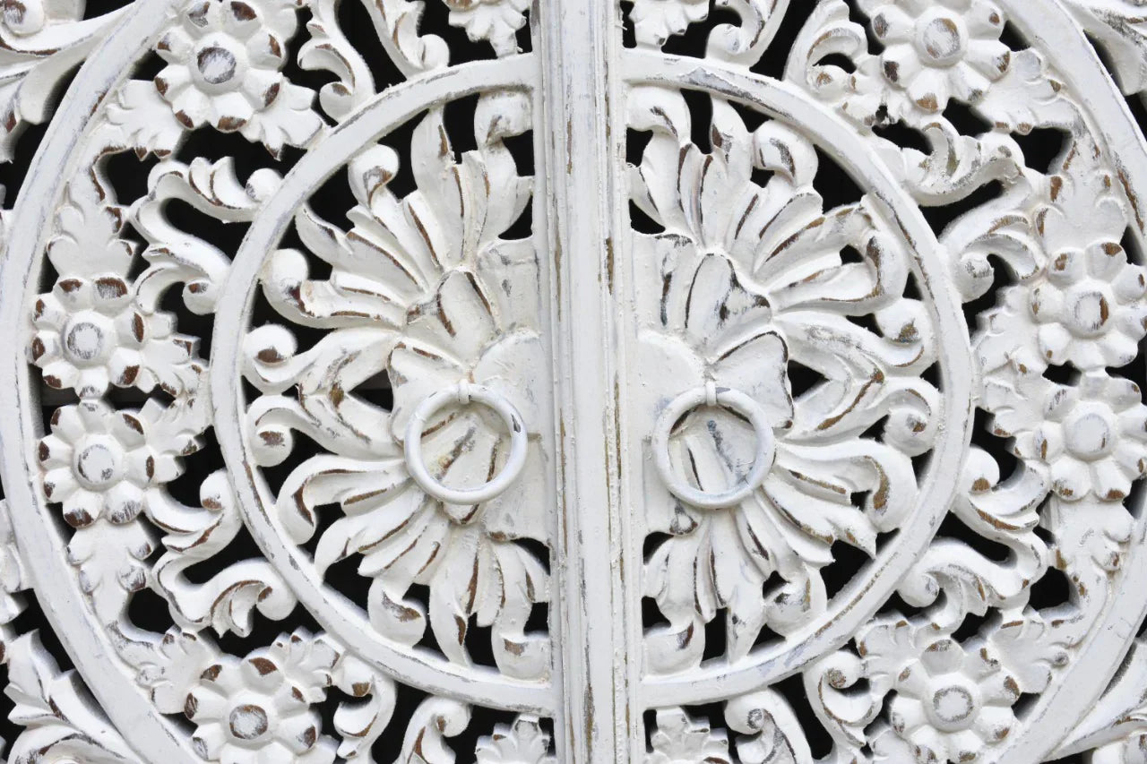 hand carved cabinet, mango wood cabinet, 2 door cabinet, two tone cabinet, white and natural cabinet, floral carved cabinet, openwork cabinet, indian carved furniture, storage cabinet, dining room cabinet, living room cabinet, bedroom cabinet, entryway cabinet, accent cabinet, statement cabinet, compact cabinet, handmade cabinet, artisan made cabinet, premium wood cabinet, quality wood furniture, durable cabinet, sturdy cabinet, timeless cabinet, elegant cabinet, heirloom cabinet, coastal cabinet, eclectic 