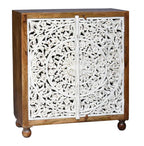 hand carved cabinet, mango wood cabinet, 2 door cabinet, two tone cabinet, white and natural cabinet, floral carved cabinet, openwork cabinet, indian carved furniture, storage cabinet, dining room cabinet, living room cabinet, bedroom cabinet, entryway cabinet, accent cabinet, statement cabinet, compact cabinet, handmade cabinet, artisan made cabinet, premium wood cabinet, quality wood furniture, durable cabinet, sturdy cabinet, timeless cabinet, elegant cabinet, heirloom cabinet, coastal cabinet, eclectic 