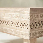 hand carved coffee table, mango wood coffee table, white coffee table, distressed white table, square coffee table, carved wood table, lattice coffee table, coastal table, shabby chic table, bohemian table, indian furniture, living room table, statement coffee table, handmade coffee table, artisan made table, premium wood table, quality furniture, durable table, sturdy table, timeless table, elegant table, ornate table, unique table, sculptural table, focal piece table, handcrafted in india, sustainable man