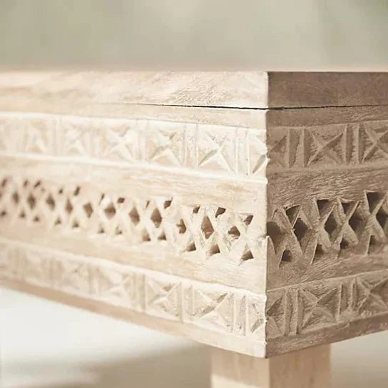 hand carved coffee table, mango wood coffee table, white coffee table, distressed white table, square coffee table, carved wood table, lattice coffee table, coastal table, shabby chic table, bohemian table, indian furniture, living room table, statement coffee table, handmade coffee table, artisan made table, premium wood table, quality furniture, durable table, sturdy table, timeless table, elegant table, ornate table, unique table, sculptural table, focal piece table, handcrafted in india, sustainable man