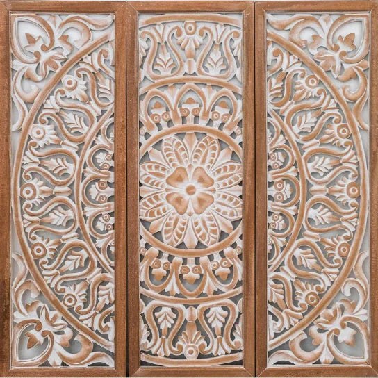 hand carved wall panel, mango wood wall art, triptych wall panel, natural wood panel, whitewashed panel, three panel wall art, square wall panel, jali carved panel, openwork wall hanging, lotus medallion panel, acanthus wall art, heritage wall art, indian furniture, living room wall art, bedroom wall decor, home office wall panel, decorative wall panel, handmade wall art, artisan made panel, premium wood art, quality wood decor, durable wall panel, solid wood panel, timeless wall art, elegant panel, stateme
