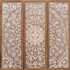 hand carved wall panel, mango wood wall art, triptych wall panel, natural wood panel, whitewashed panel, three panel wall art, square wall panel, jali carved panel, openwork wall hanging, lotus medallion panel, acanthus wall art, heritage wall art, indian furniture, living room wall art, bedroom wall decor, home office wall panel, decorative wall panel, handmade wall art, artisan made panel, premium wood art, quality wood decor, durable wall panel, solid wood panel, timeless wall art, elegant panel, stateme