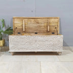 hand carved blanket box, antique wooden trunk, whitewashed blanket box, storage chest, tribal carved box, blanket trunk, linen chest, indian furniture, bedroom blanket box, living room trunk, entryway chest, storage bench, coffee table trunk, handmade blanket box, artisan made trunk, reclaimed wood chest, antique wood furniture, quality wood furniture, durable trunk, sturdy blanket box, timeless chest, elegant trunk, statement blanket box, heirloom chest, coastal trunk, shabby chic blanket box, farmhouse ch