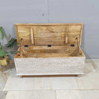 hand carved blanket box, antique wooden trunk, whitewashed blanket box, storage chest, tribal carved box, blanket trunk, linen chest, indian furniture, bedroom blanket box, living room trunk, entryway chest, storage bench, coffee table trunk, handmade blanket box, artisan made trunk, reclaimed wood chest, antique wood furniture, quality wood furniture, durable trunk, sturdy blanket box, timeless chest, elegant trunk, statement blanket box, heirloom chest, coastal trunk, shabby chic blanket box, farmhouse ch