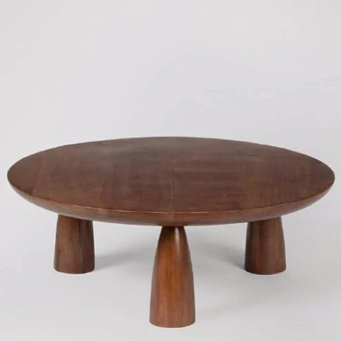 acacia wood coffee table, round coffee table, dark brown table, low coffee table, minimalist table, conical leg table, tapered leg table, scandinavian table, japanese table, modern table, indian furniture, living room table, statement coffee table, handmade coffee table, artisan made table, premium wood table, quality furniture, durable table, sturdy table, timeless table, elegant table, unique table, sculptural table, focal piece table, handcrafted in india, sustainable acacia wood, dark wood finish, natur