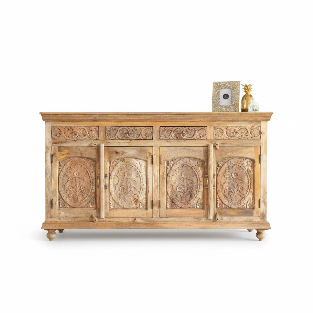 hand carved sideboard, mango wood sideboard, natural finish sideboard, floral carved sideboard, 4 door sideboard, 4 drawer sideboard, buffet sideboard, indian carved furniture, storage sideboard, dining room buffet, living room sideboard, entryway sideboard, statement sideboard, large sideboard, handmade sideboard, artisan made sideboard, premium wood buffet, quality wood furniture, durable sideboard, sturdy buffet, timeless sideboard, elegant buffet, grand sideboard, heirloom buffet, rustic sideboard, trad