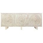 mango wood sideboard, carved sideboard, medallion sideboard, white sideboard, whitewashed sideboard, large sideboard, storage sideboard, circular carving, spiral medallion, coastal sideboard, accent cabinet, living room storage, dining room cabinet, hallway storage, behind sofa cabinet, statement sideboard, handmade sideboard, artisan made cabinet, premium wood furniture, quality furniture, durable cabinet, sturdy sideboard, timeless furniture, elegant sideboard, unique cabinet, decorative sideboard, focal 