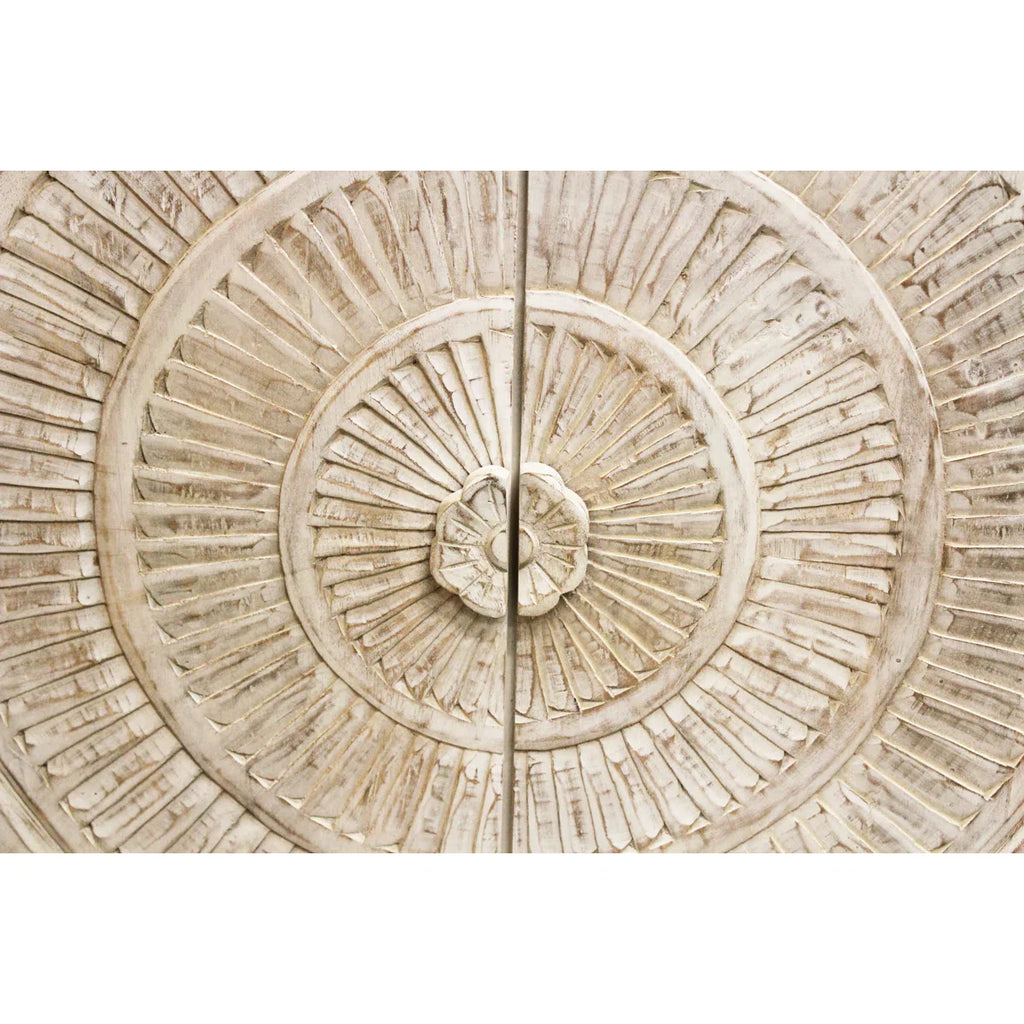 mango wood sideboard, carved sideboard, medallion sideboard, white sideboard, whitewashed sideboard, large sideboard, storage sideboard, circular carving, spiral medallion, coastal sideboard, accent cabinet, living room storage, dining room cabinet, hallway storage, behind sofa cabinet, statement sideboard, handmade sideboard, artisan made cabinet, premium wood furniture, quality furniture, durable cabinet, sturdy sideboard, timeless furniture, elegant sideboard, unique cabinet, decorative sideboard, focal 