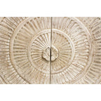 mango wood sideboard, carved sideboard, medallion sideboard, white sideboard, whitewashed sideboard, large sideboard, storage sideboard, circular carving, spiral medallion, coastal sideboard, accent cabinet, living room storage, dining room cabinet, hallway storage, behind sofa cabinet, statement sideboard, handmade sideboard, artisan made cabinet, premium wood furniture, quality furniture, durable cabinet, sturdy sideboard, timeless furniture, elegant sideboard, unique cabinet, decorative sideboard, focal 