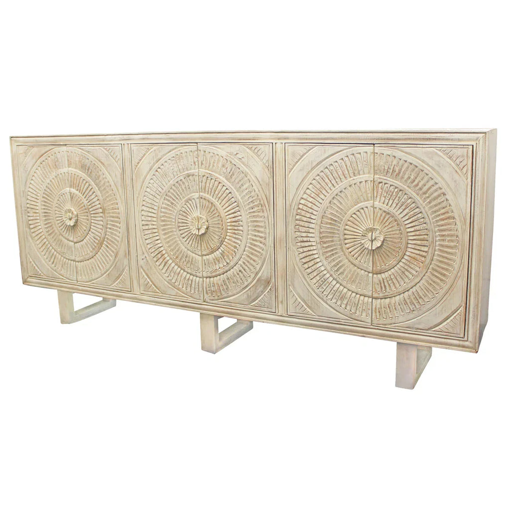 mango wood sideboard, carved sideboard, medallion sideboard, white sideboard, whitewashed sideboard, large sideboard, storage sideboard, circular carving, spiral medallion, coastal sideboard, accent cabinet, living room storage, dining room cabinet, hallway storage, behind sofa cabinet, statement sideboard, handmade sideboard, artisan made cabinet, premium wood furniture, quality furniture, durable cabinet, sturdy sideboard, timeless furniture, elegant sideboard, unique cabinet, decorative sideboard, focal 