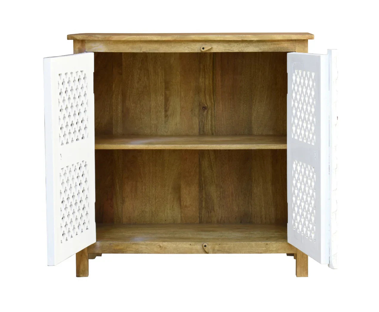 hand carved sideboard, mango wood sideboard, 2 door sideboard, two tone sideboard, white and natural sideboard, lattice carved sideboard, brass stud sideboard, openwork sideboard, indian carved furniture, storage sideboard, dining room sideboard, living room sideboard, bedroom sideboard, entryway sideboard, accent sideboard, statement sideboard, compact sideboard, handmade sideboard, artisan made sideboard, premium wood sideboard, quality wood furniture, durable sideboard, sturdy sideboard, timeless sideboa
