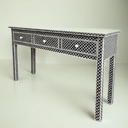 "Sleek living room console table with storage, perfect for displaying lamps and décor."
