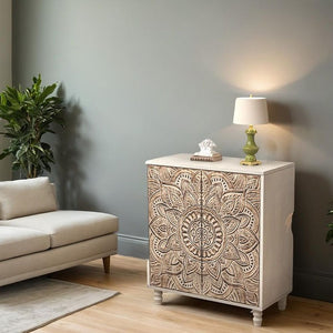 "Living room storage cabinet with a rustic wooden finish."
