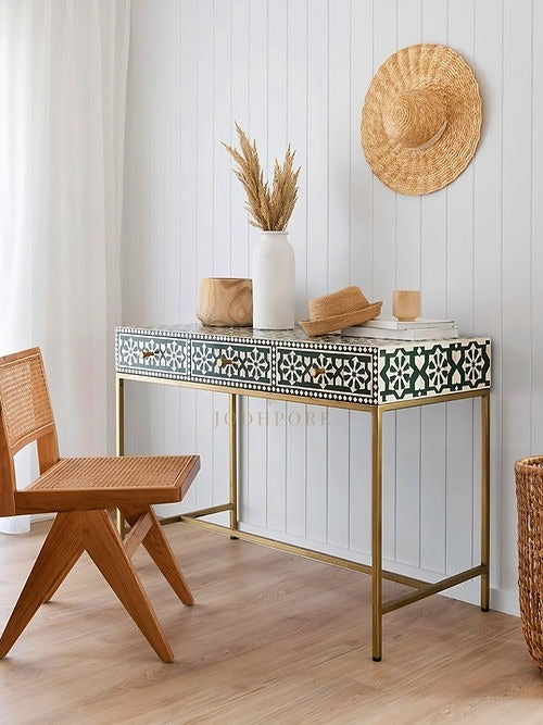 "Modern drawer console table providing concealed storage and a minimalist aesthetic."
