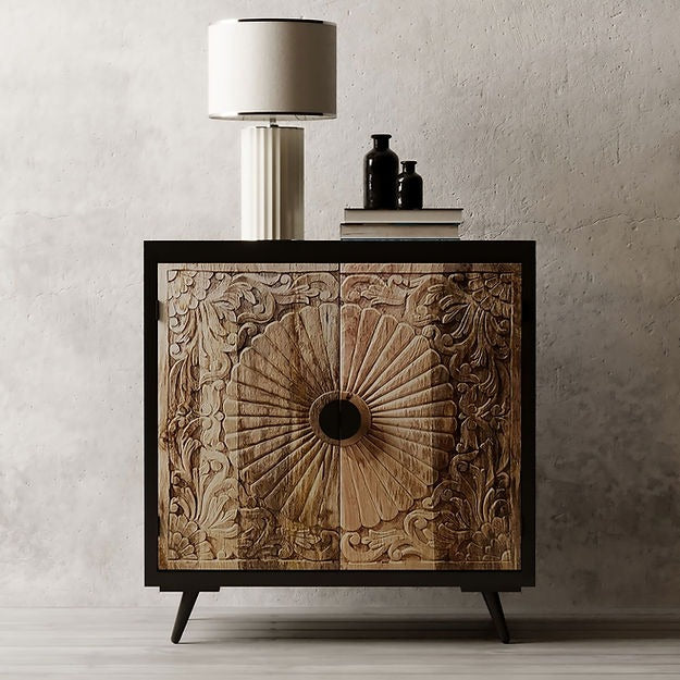 "Functional corner cabinet with a two-tone wood finish."
