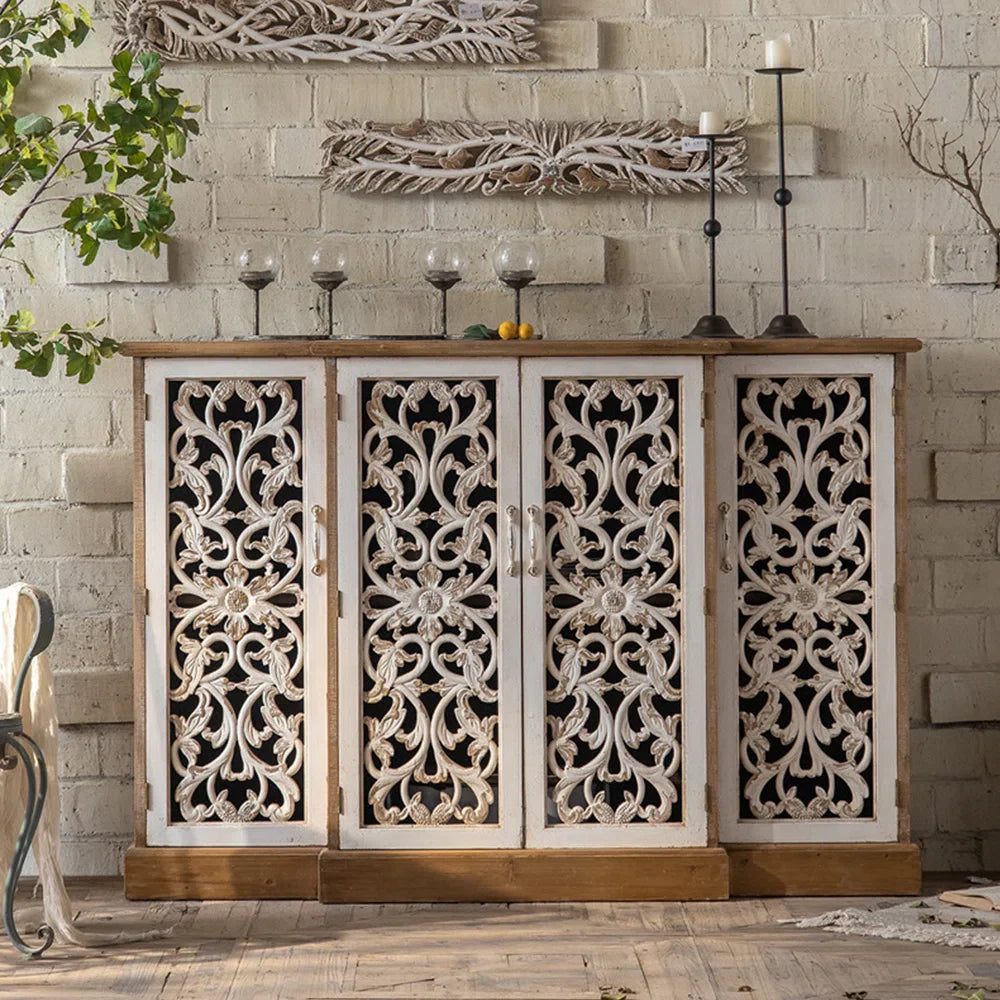 wood jali sideboard, carved sideboard, lattice sideboard, floral sideboard, two tone sideboard, whitewashed sideboard, storage sideboard, indian jali, carved lattice, accent cabinet, living room storage, dining room cabinet, hallway storage, statement sideboard, handmade sideboard, artisan made cabinet, premium wood furniture, quality furniture, durable cabinet, sturdy sideboard, timeless furniture, elegant sideboard, unique cabinet, decorative sideboard, focal piece cabinet, handcrafted in india, sustainab