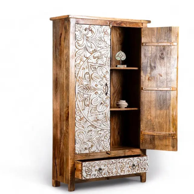 White Rustic Wardrobe Two-Door & Two-Drawers - wooden wardrobe wardrobe  adjustable wardrobe shelves jlhomedecor2021.myshopify.com