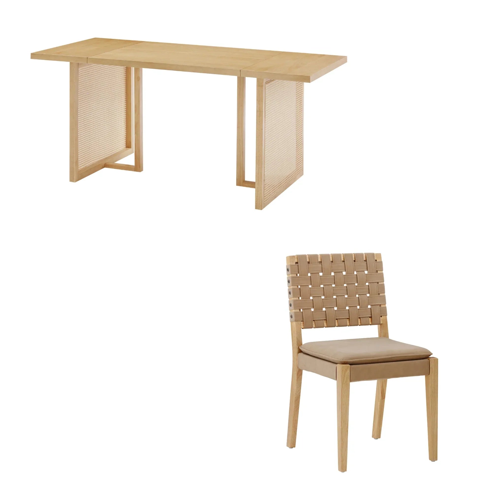 Isaki Rattan Luxe Solid Wood Dining Set with Leather Chairs – Natural Finish, 4/6/8 Seater by J.L.HOME DECOR
