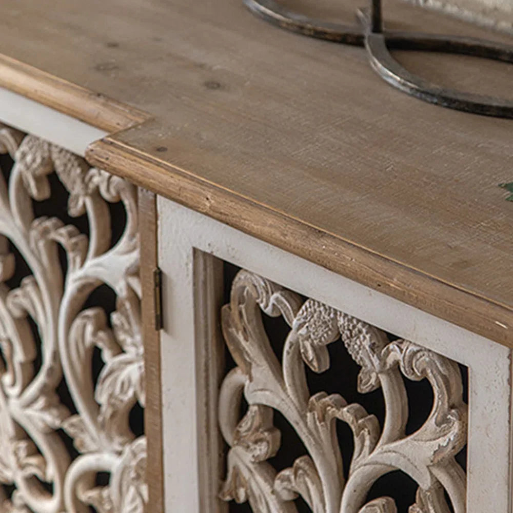 wood jali sideboard, carved sideboard, lattice sideboard, floral sideboard, two tone sideboard, whitewashed sideboard, storage sideboard, indian jali, carved lattice, accent cabinet, living room storage, dining room cabinet, hallway storage, statement sideboard, handmade sideboard, artisan made cabinet, premium wood furniture, quality furniture, durable cabinet, sturdy sideboard, timeless furniture, elegant sideboard, unique cabinet, decorative sideboard, focal piece cabinet, handcrafted in india, sustainab