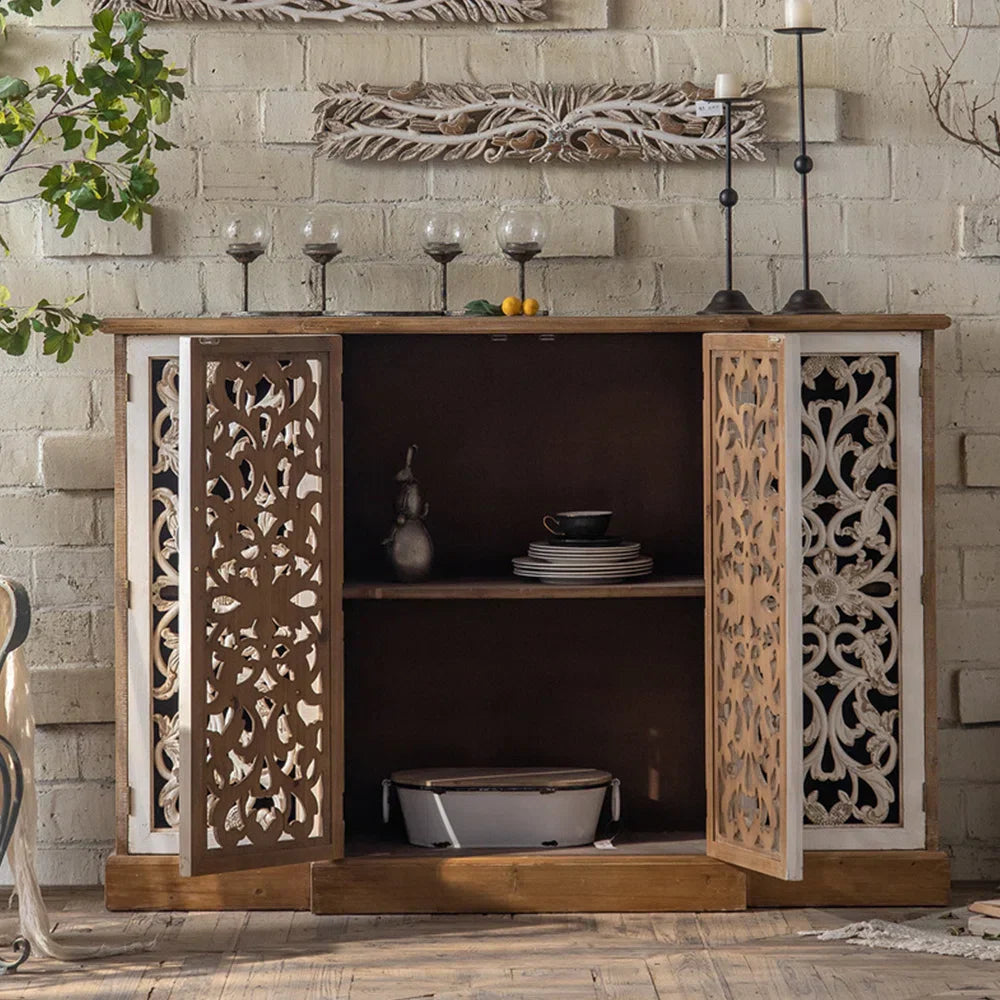 wood jali sideboard, carved sideboard, lattice sideboard, floral sideboard, two tone sideboard, whitewashed sideboard, storage sideboard, indian jali, carved lattice, accent cabinet, living room storage, dining room cabinet, hallway storage, statement sideboard, handmade sideboard, artisan made cabinet, premium wood furniture, quality furniture, durable cabinet, sturdy sideboard, timeless furniture, elegant sideboard, unique cabinet, decorative sideboard, focal piece cabinet, handcrafted in india, sustainab