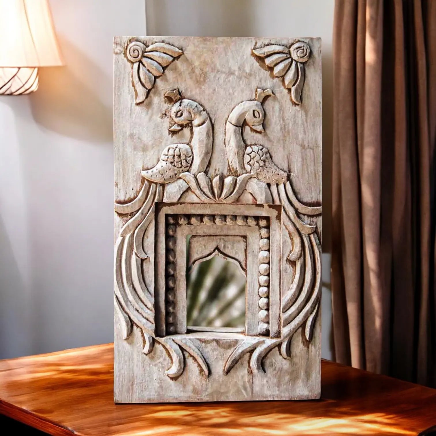 Temple Mirror Peacock White Hand Carved Mirror  architectural design jlhomedecor2021.myshopify.com