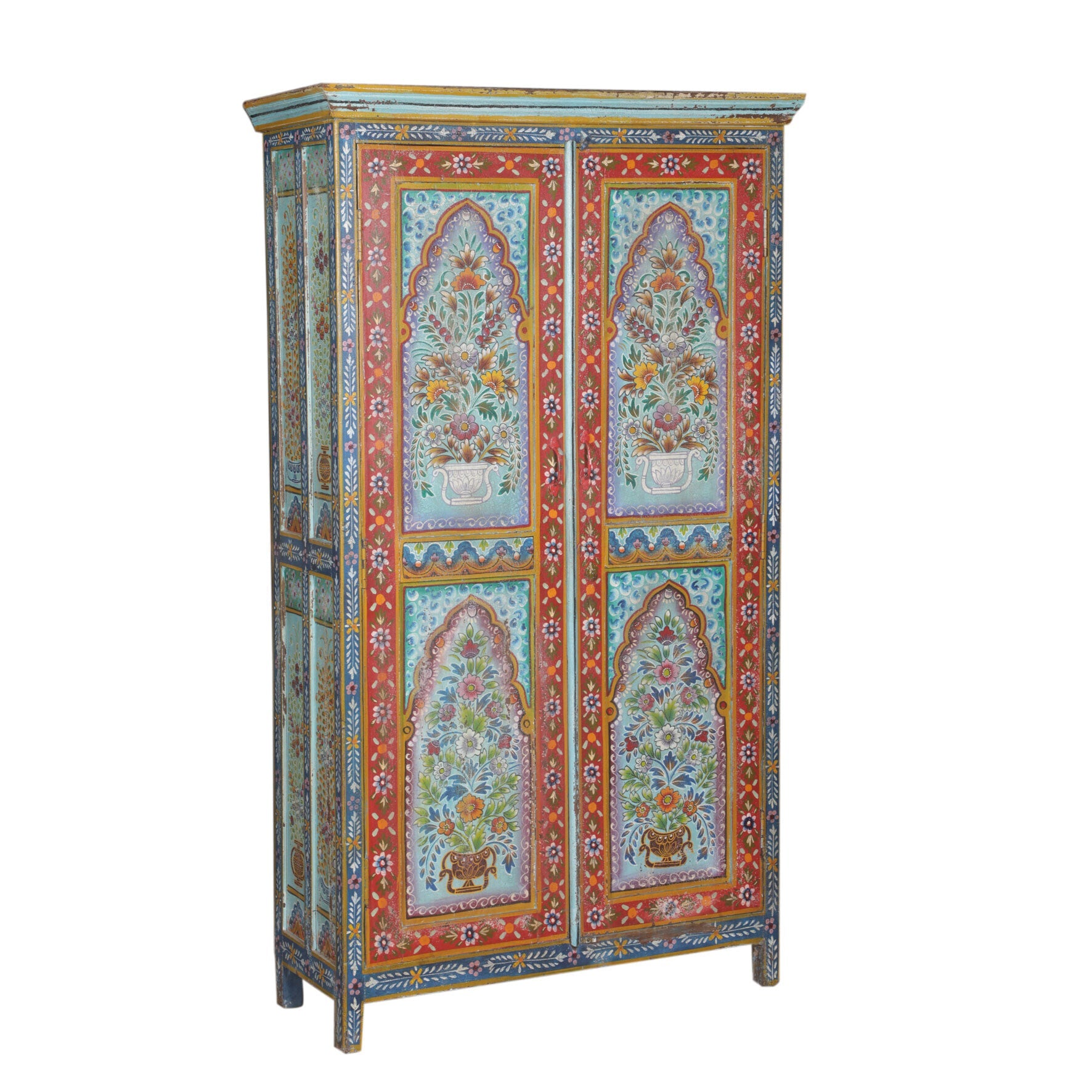 Decorative cabinet with floral and geometric patterns on a white background