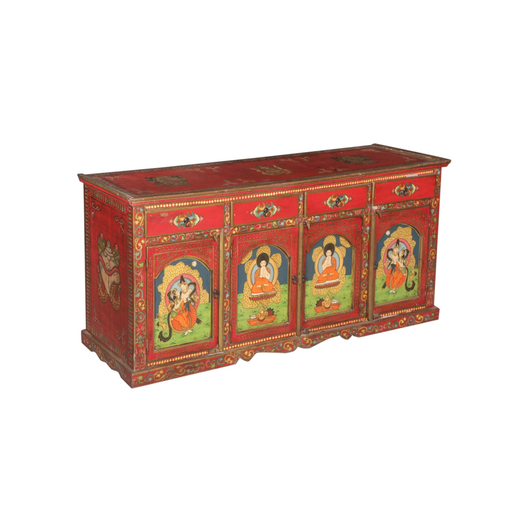 Decorative red cabinet with artistic designs on a white background
