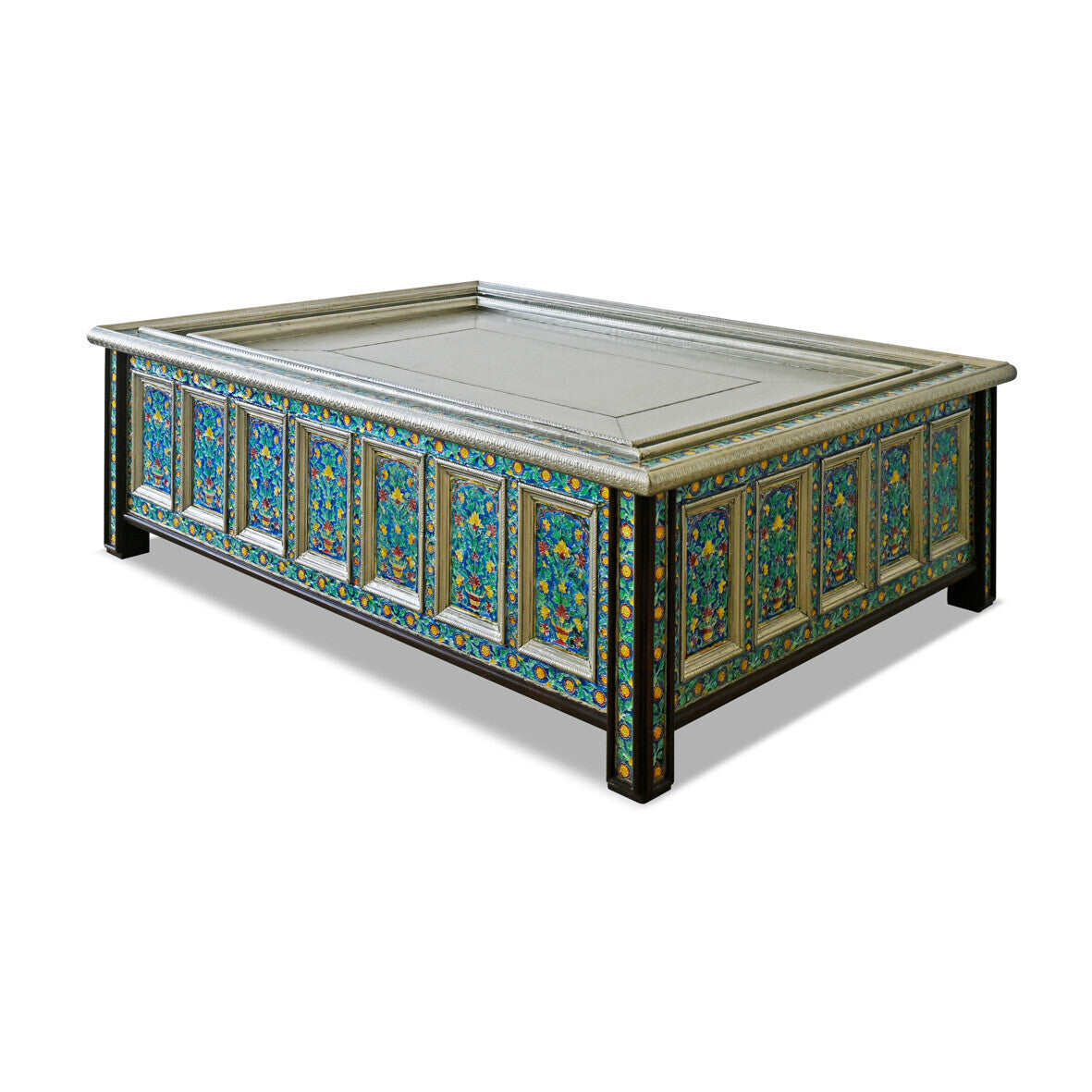Decorative rectangular metal tray with floral patterns on a white background