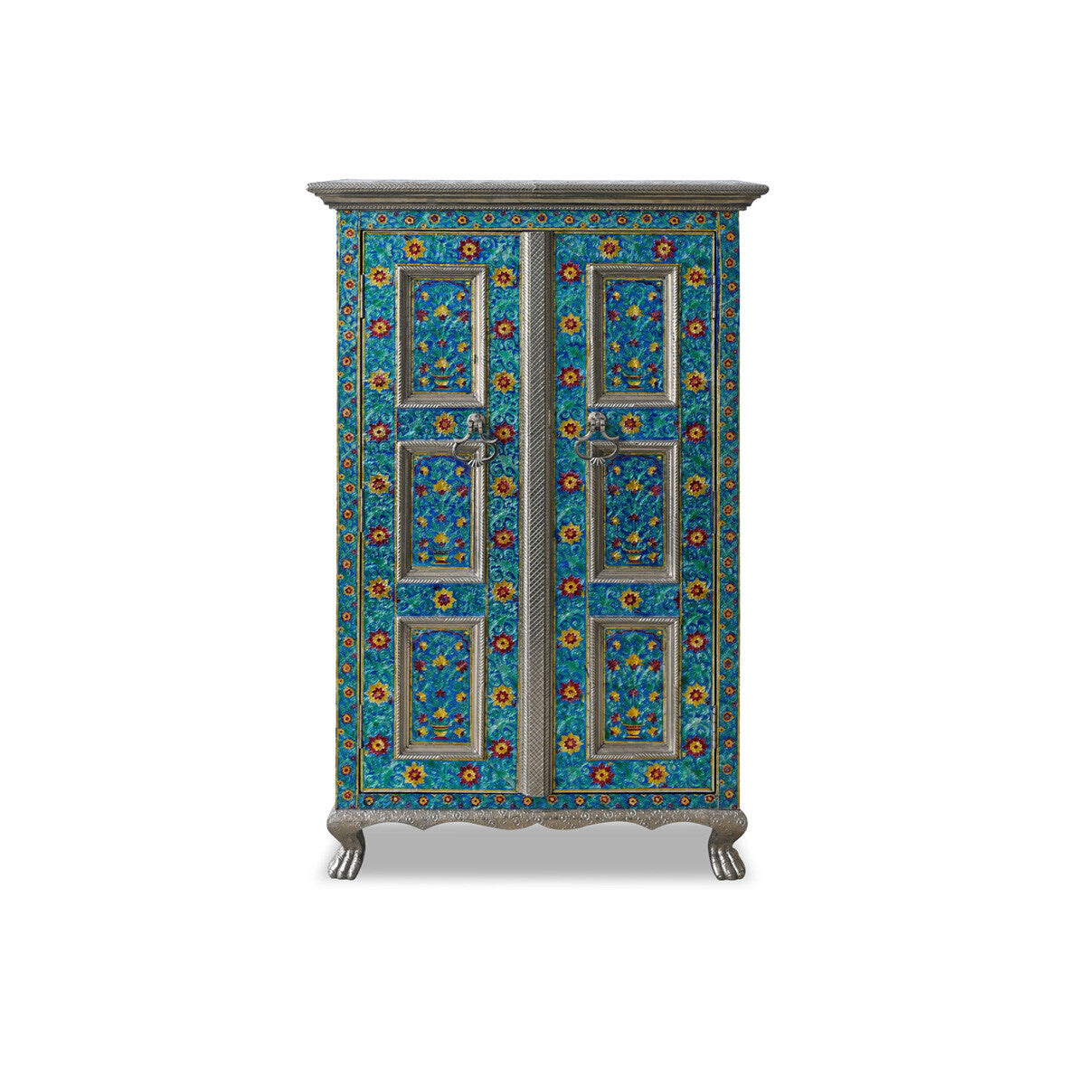 Front view of a Marrakesh blue hand-embossed 2-door wardrobe with silver legs.