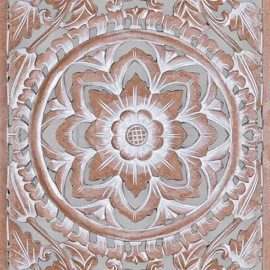 hand carved wall panel, mango wood wall art, triptych wall panel, natural wood panel, whitewashed panel, three panel wall art, square wall panel, jali carved panel, openwork wall hanging, lotus medallion panel, acanthus wall art, heritage wall art, indian furniture, living room wall art, bedroom wall decor, home office wall panel, decorative wall panel, handmade wall art, artisan made panel, premium wood art, quality wood decor, durable wall panel, solid wood panel, timeless wall art, elegant panel, stateme