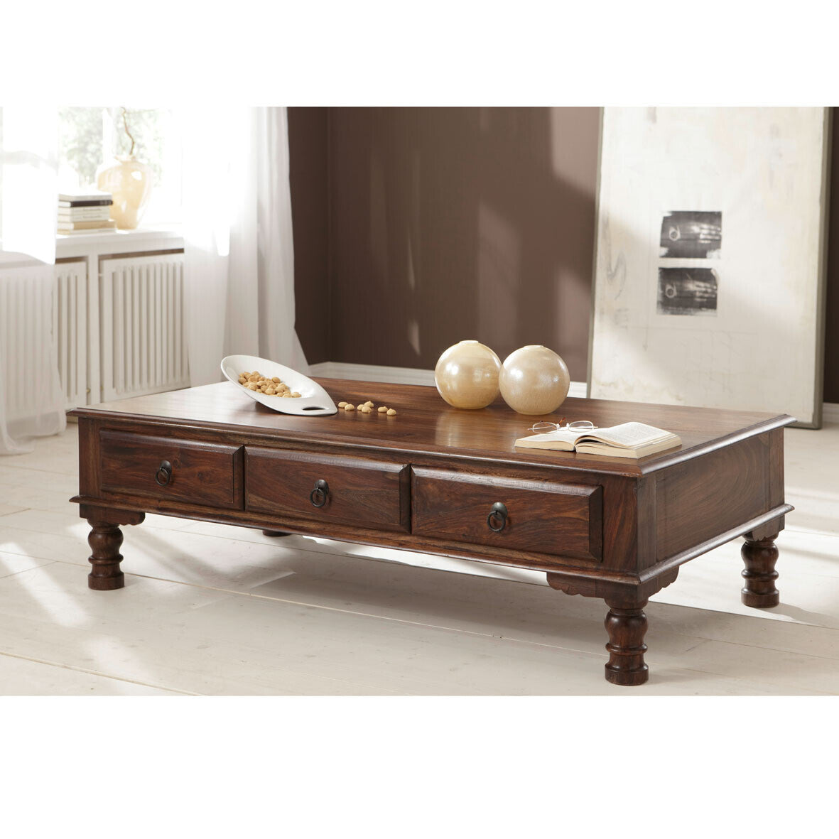 Opium Solid Rosewood Coffee Table with 3 Drawers - Handcrafted 140cm Sheesham Wood Center Table