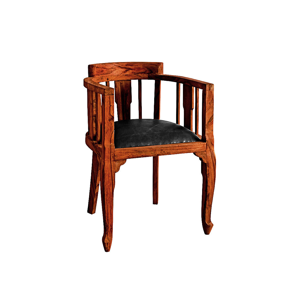Wooden chair with a black cushion on a white background