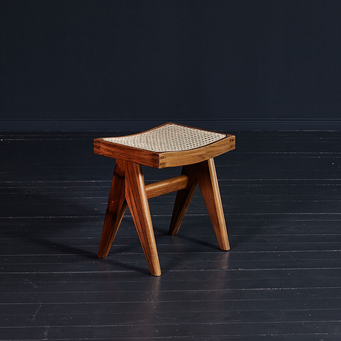 Chandigarh Solid Teak & Cane Stool – Designer Wooden Accent Stool
