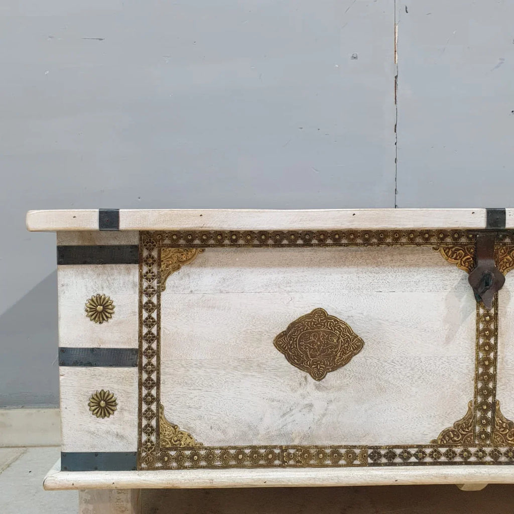 hand carved blanket box, wooden trunk, whitewashed blanket box, brass fittings box, brass medallion trunk, blanket trunk, linen chest, indian furniture, bedroom blanket box, living room trunk, entryway chest, storage bench, coffee table trunk, handmade blanket box, artisan made trunk, premium wood chest, quality wood furniture, durable trunk, sturdy blanket box, timeless chest, elegant trunk, statement blanket box, heirloom chest, mughal style trunk, vintage blanket box, eclectic chest, coastal trunk, rusti