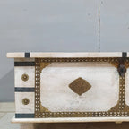 hand carved blanket box, wooden trunk, whitewashed blanket box, brass fittings box, brass medallion trunk, blanket trunk, linen chest, indian furniture, bedroom blanket box, living room trunk, entryway chest, storage bench, coffee table trunk, handmade blanket box, artisan made trunk, premium wood chest, quality wood furniture, durable trunk, sturdy blanket box, timeless chest, elegant trunk, statement blanket box, heirloom chest, mughal style trunk, vintage blanket box, eclectic chest, coastal trunk, rusti