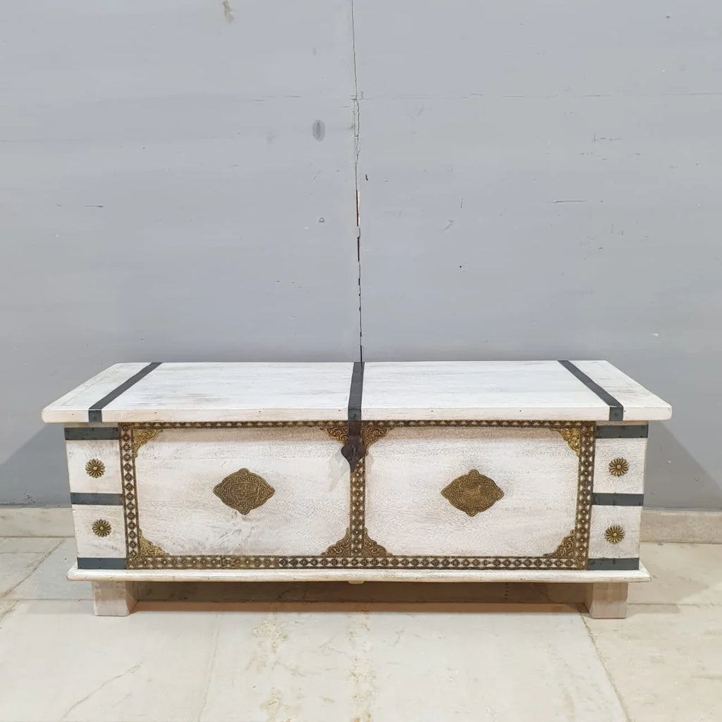 hand carved blanket box, wooden trunk, whitewashed blanket box, brass fittings box, brass medallion trunk, blanket trunk, linen chest, indian furniture, bedroom blanket box, living room trunk, entryway chest, storage bench, coffee table trunk, handmade blanket box, artisan made trunk, premium wood chest, quality wood furniture, durable trunk, sturdy blanket box, timeless chest, elegant trunk, statement blanket box, heirloom chest, mughal style trunk, vintage blanket box, eclectic chest, coastal trunk, rusti