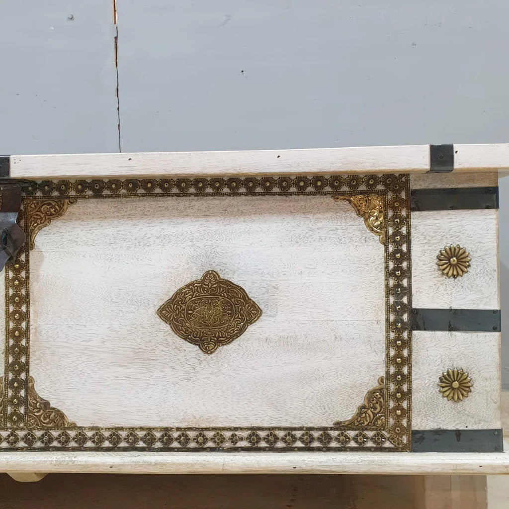 hand carved blanket box, wooden trunk, whitewashed blanket box, brass fittings box, brass medallion trunk, blanket trunk, linen chest, indian furniture, bedroom blanket box, living room trunk, entryway chest, storage bench, coffee table trunk, handmade blanket box, artisan made trunk, premium wood chest, quality wood furniture, durable trunk, sturdy blanket box, timeless chest, elegant trunk, statement blanket box, heirloom chest, mughal style trunk, vintage blanket box, eclectic chest, coastal trunk, rusti