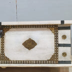 hand carved blanket box, wooden trunk, whitewashed blanket box, brass fittings box, brass medallion trunk, blanket trunk, linen chest, indian furniture, bedroom blanket box, living room trunk, entryway chest, storage bench, coffee table trunk, handmade blanket box, artisan made trunk, premium wood chest, quality wood furniture, durable trunk, sturdy blanket box, timeless chest, elegant trunk, statement blanket box, heirloom chest, mughal style trunk, vintage blanket box, eclectic chest, coastal trunk, rusti