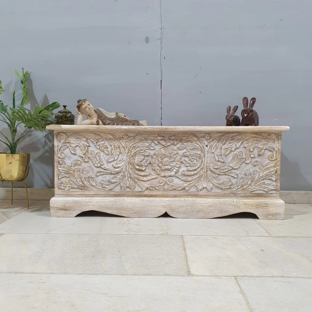 hand carved blanket box, mango wood trunk, rustic white blanket box, two tone trunk, natural top box, blanket trunk, linen chest, indian furniture, bedroom blanket box, living room trunk, entryway chest, storage bench, coffee table trunk, handmade blanket box, artisan made trunk, premium wood chest, quality wood furniture, durable trunk, sturdy blanket box, timeless chest, elegant trunk, statement blanket box, heirloom chest, coastal trunk, farmhouse blanket box, shabby chic chest, vintage trunk, rustic bla