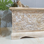 hand carved blanket box, mango wood trunk, rustic white blanket box, two tone trunk, natural top box, blanket trunk, linen chest, indian furniture, bedroom blanket box, living room trunk, entryway chest, storage bench, coffee table trunk, handmade blanket box, artisan made trunk, premium wood chest, quality wood furniture, durable trunk, sturdy blanket box, timeless chest, elegant trunk, statement blanket box, heirloom chest, coastal trunk, farmhouse blanket box, shabby chic chest, vintage trunk, rustic bla