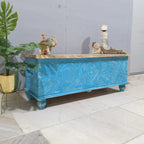 hand carved blanket box, mango wood trunk, blue blanket box, distressed blue trunk, two tone box, natural top trunk, blanket trunk, linen chest, indian furniture, bedroom blanket box, living room trunk, entryway chest, storage bench, coffee table trunk, handmade blanket box, artisan made trunk, premium wood chest, quality wood furniture, durable trunk, sturdy blanket box, timeless chest, elegant trunk, statement blanket box, heirloom chest, coastal trunk, bohemian blanket box, eclectic chest, vintage trunk,