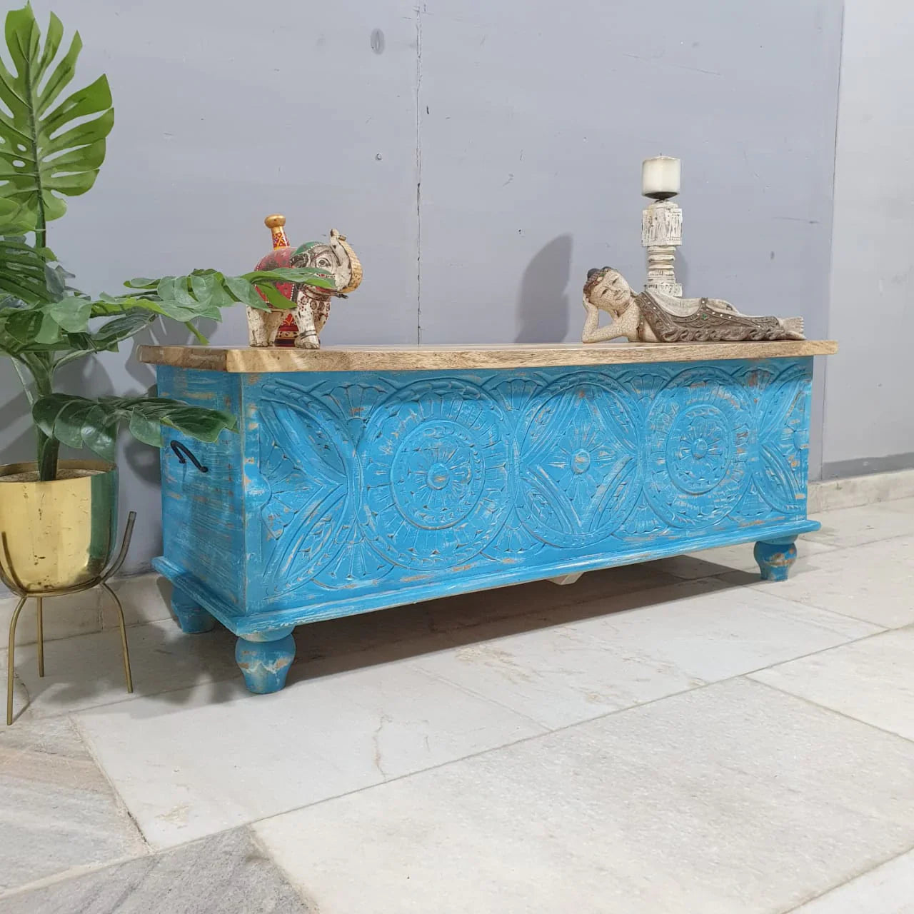 hand carved blanket box, mango wood trunk, blue blanket box, distressed blue trunk, two tone box, natural top trunk, blanket trunk, linen chest, indian furniture, bedroom blanket box, living room trunk, entryway chest, storage bench, coffee table trunk, handmade blanket box, artisan made trunk, premium wood chest, quality wood furniture, durable trunk, sturdy blanket box, timeless chest, elegant trunk, statement blanket box, heirloom chest, coastal trunk, bohemian blanket box, eclectic chest, vintage trunk,