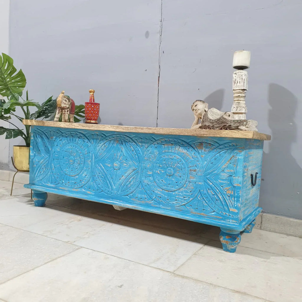 hand carved blanket box, mango wood trunk, blue blanket box, distressed blue trunk, two tone box, natural top trunk, blanket trunk, linen chest, indian furniture, bedroom blanket box, living room trunk, entryway chest, storage bench, coffee table trunk, handmade blanket box, artisan made trunk, premium wood chest, quality wood furniture, durable trunk, sturdy blanket box, timeless chest, elegant trunk, statement blanket box, heirloom chest, coastal trunk, bohemian blanket box, eclectic chest, vintage trunk,